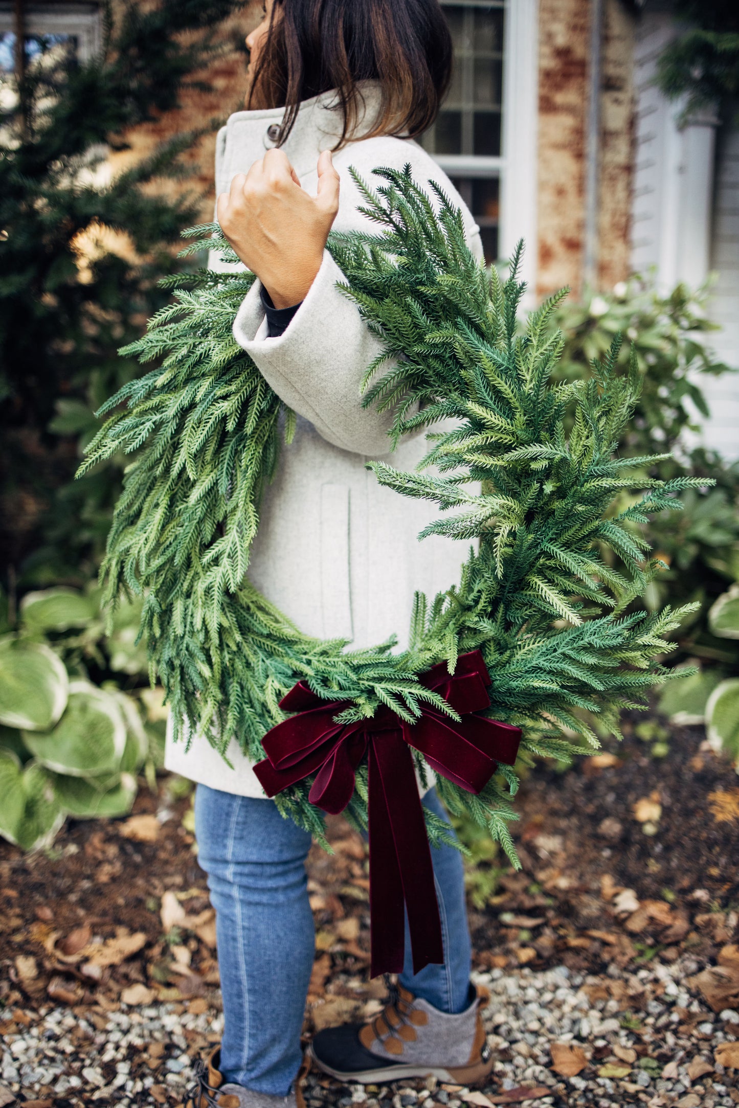 Faux Norfolk Pine Wreath with Velvet Bow (6 color options)
