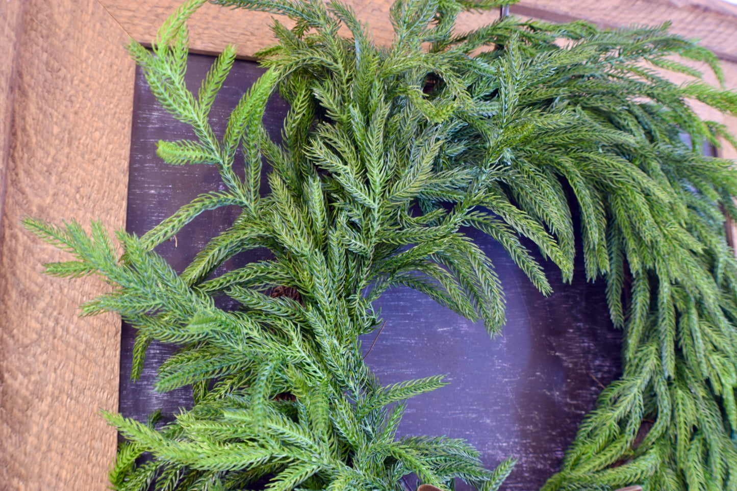 Faux Norfolk Pine Wreath with Velvet Bow (6 color options)