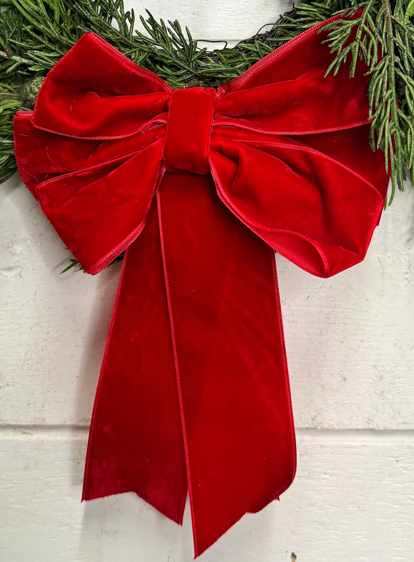 Faux Norfolk Pine Wreath with Velvet Bow (6 color options)