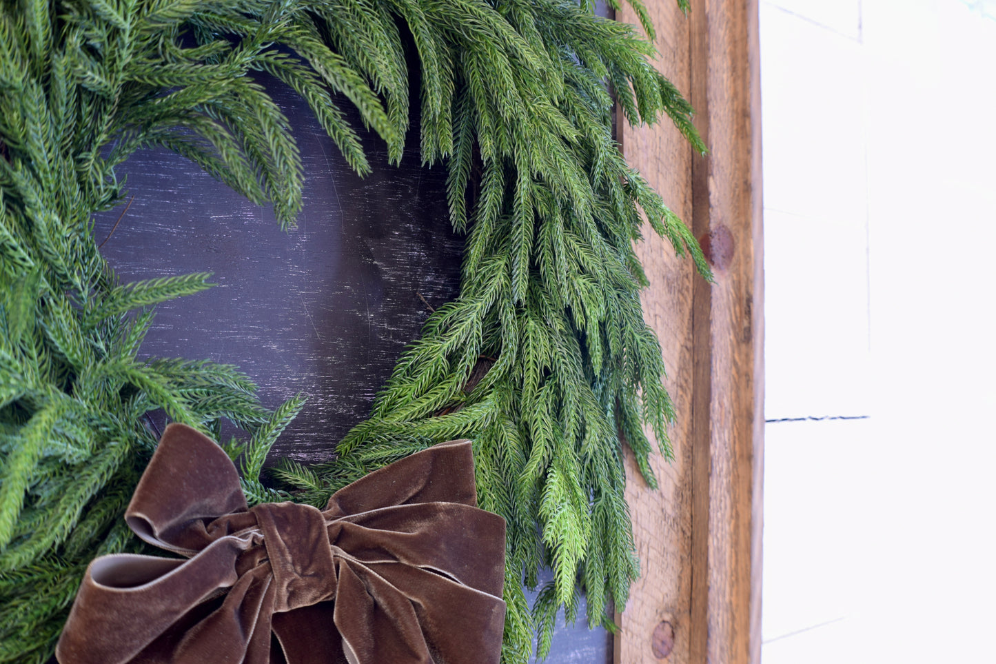 Faux Norfolk Pine Wreath with Velvet Bow (6 color options)