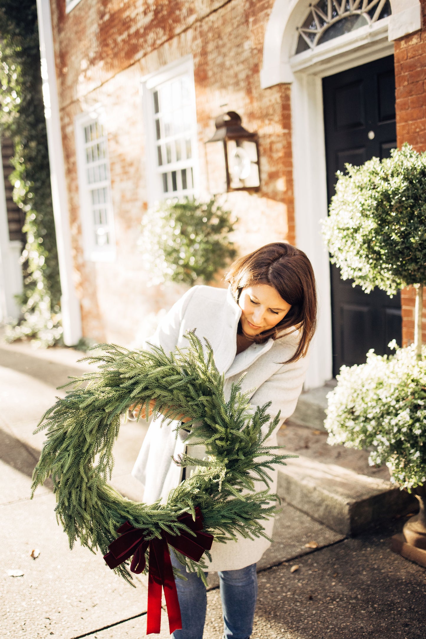 Faux Norfolk Pine Wreath with Velvet Bow (6 color options)