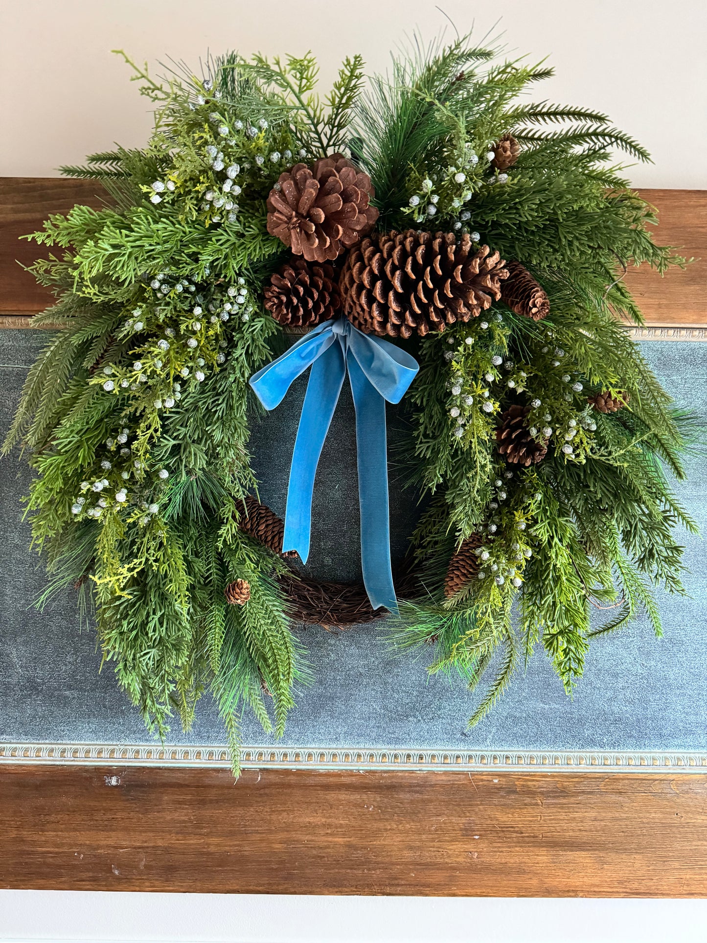 XL Faux Juniper Berry & Pinecone Wreath with bow