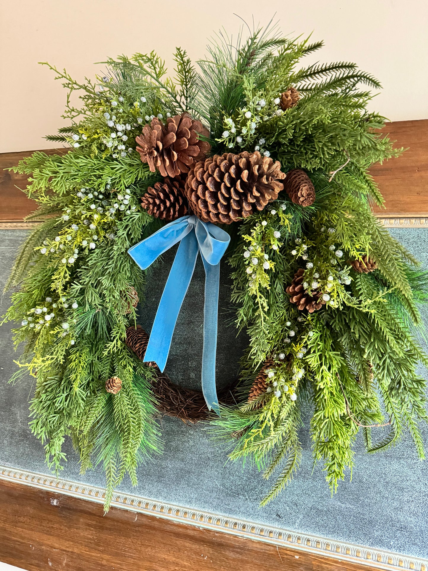 XL Faux Juniper Berry & Pinecone Wreath with bow