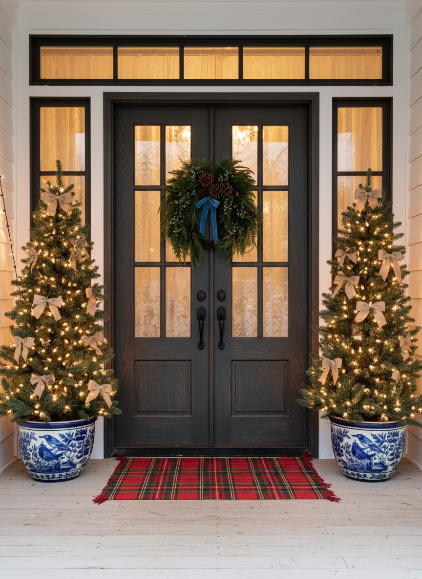 Front door scene with XL Faux Juniper Berry & Pinecone Wreath - 2000x900px