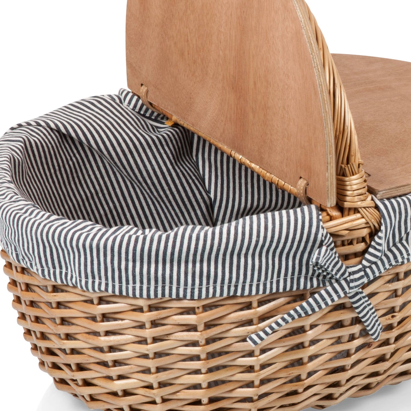 Country Vintage Picnic Wicker Basket: Navy Blue & White Stripe
