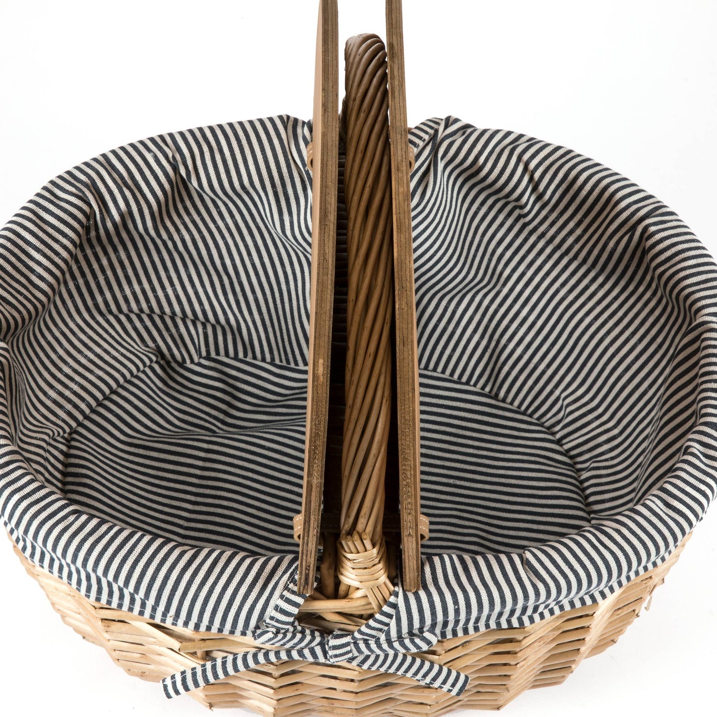 Country Vintage Picnic Wicker Basket: Navy Blue & White Stripe
