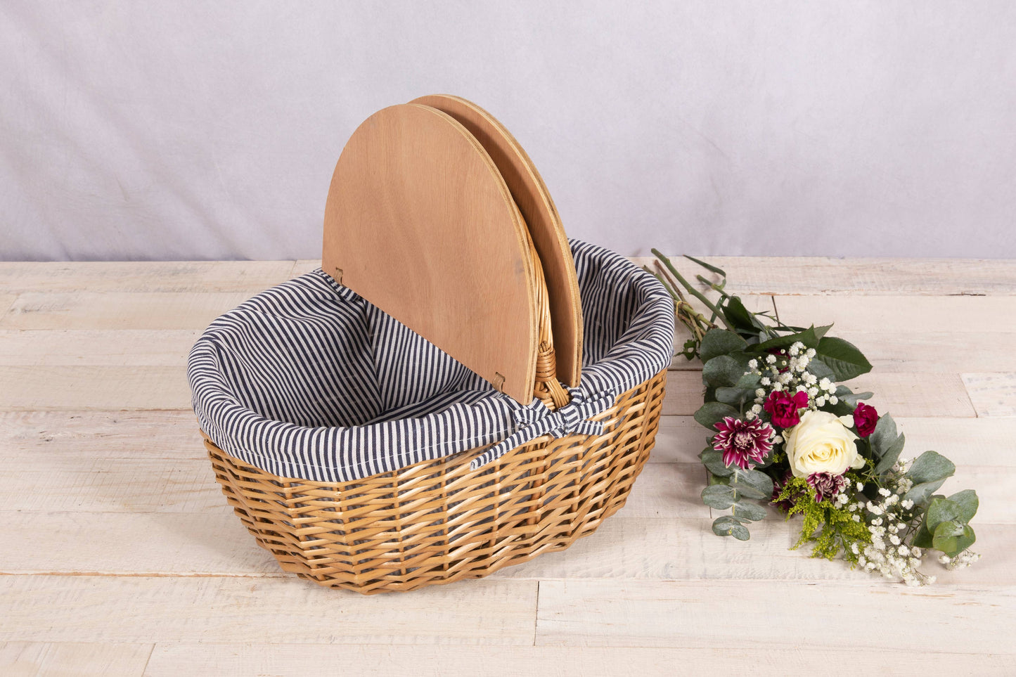 Country Vintage Picnic Wicker Basket: Navy Blue & White Stripe