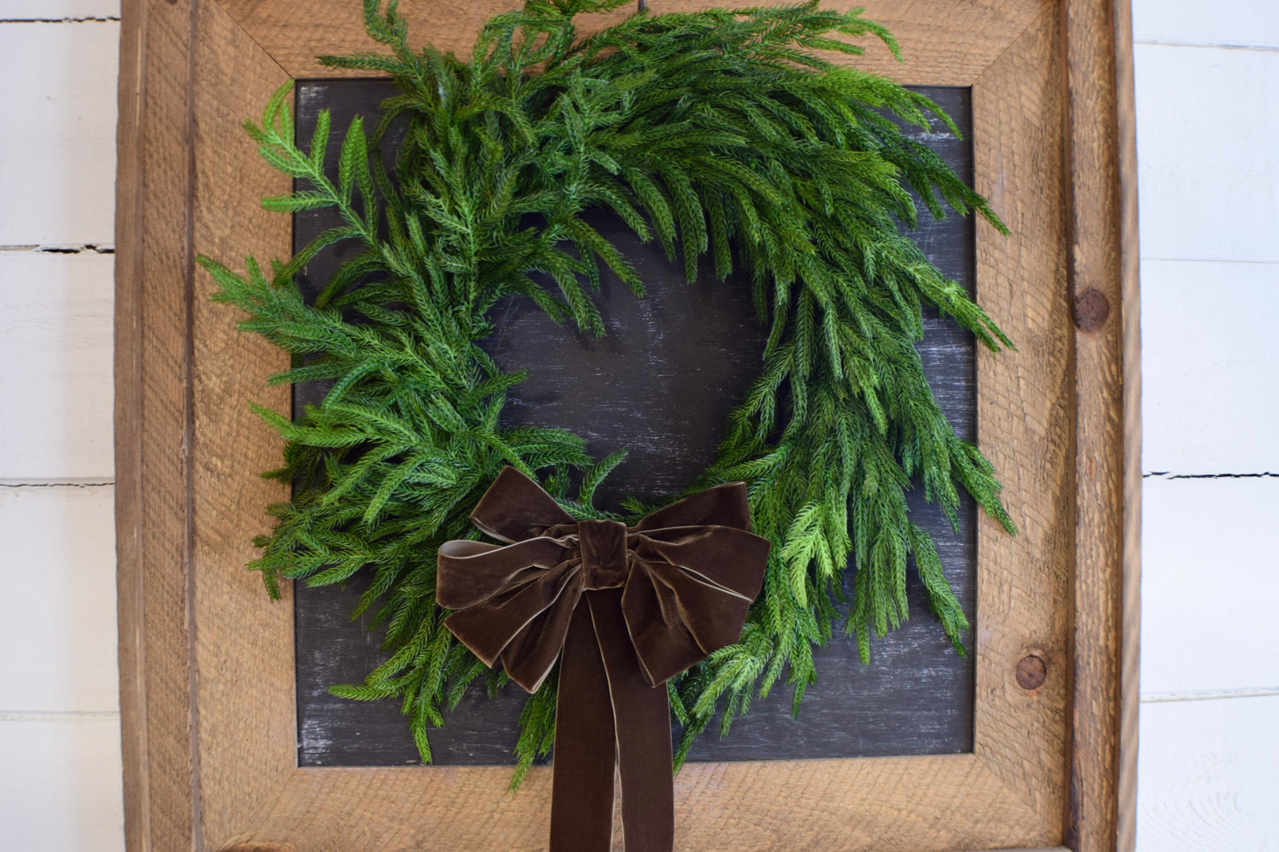 Faux Norfolk Pine Wreath with Velvet Bow