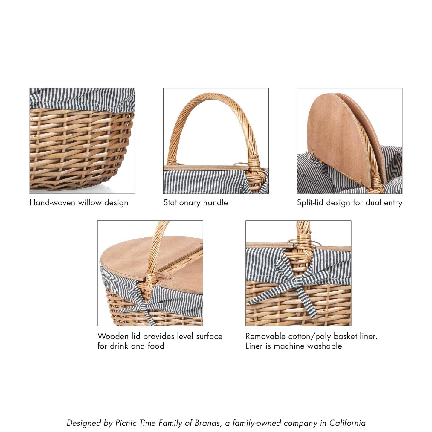 Country Vintage Picnic Wicker Basket: Navy Blue & White Stripe