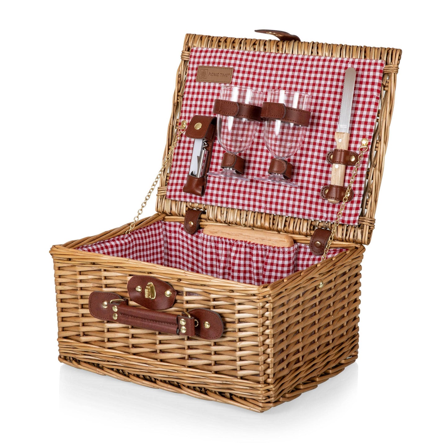 Classic Wine & Cheese Picnic Basket: Red & White Gingham Pattern