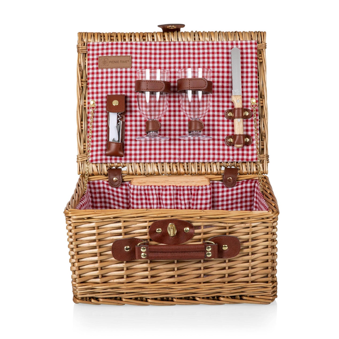 Classic Wine & Cheese Picnic Basket: Red & White Gingham Pattern