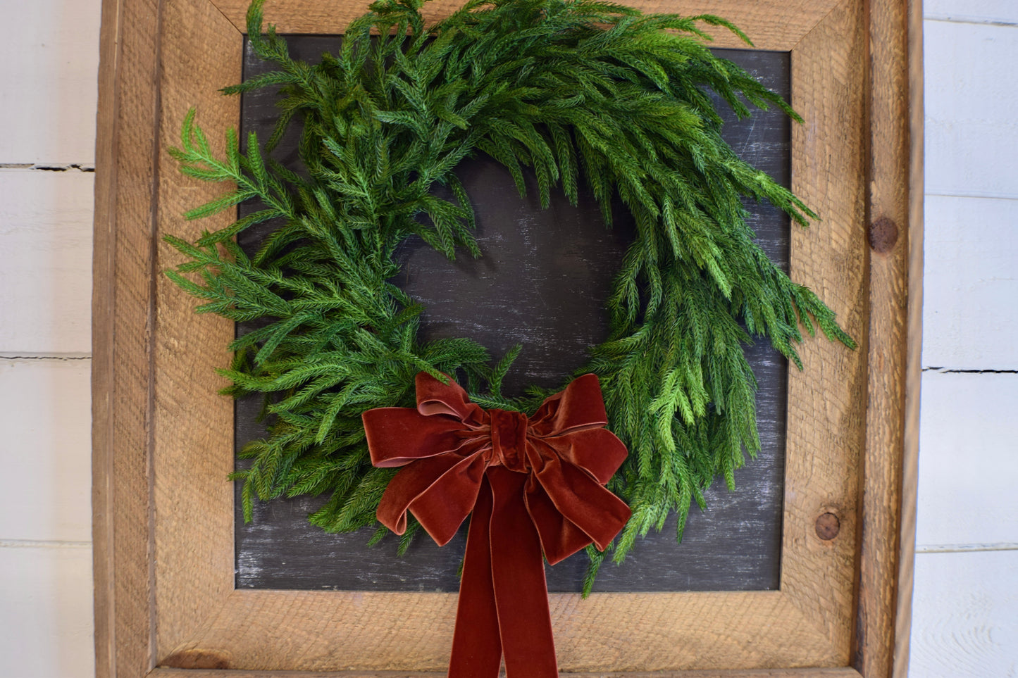 Faux Norfolk Pine Wreath with Velvet Bow (6 color options)