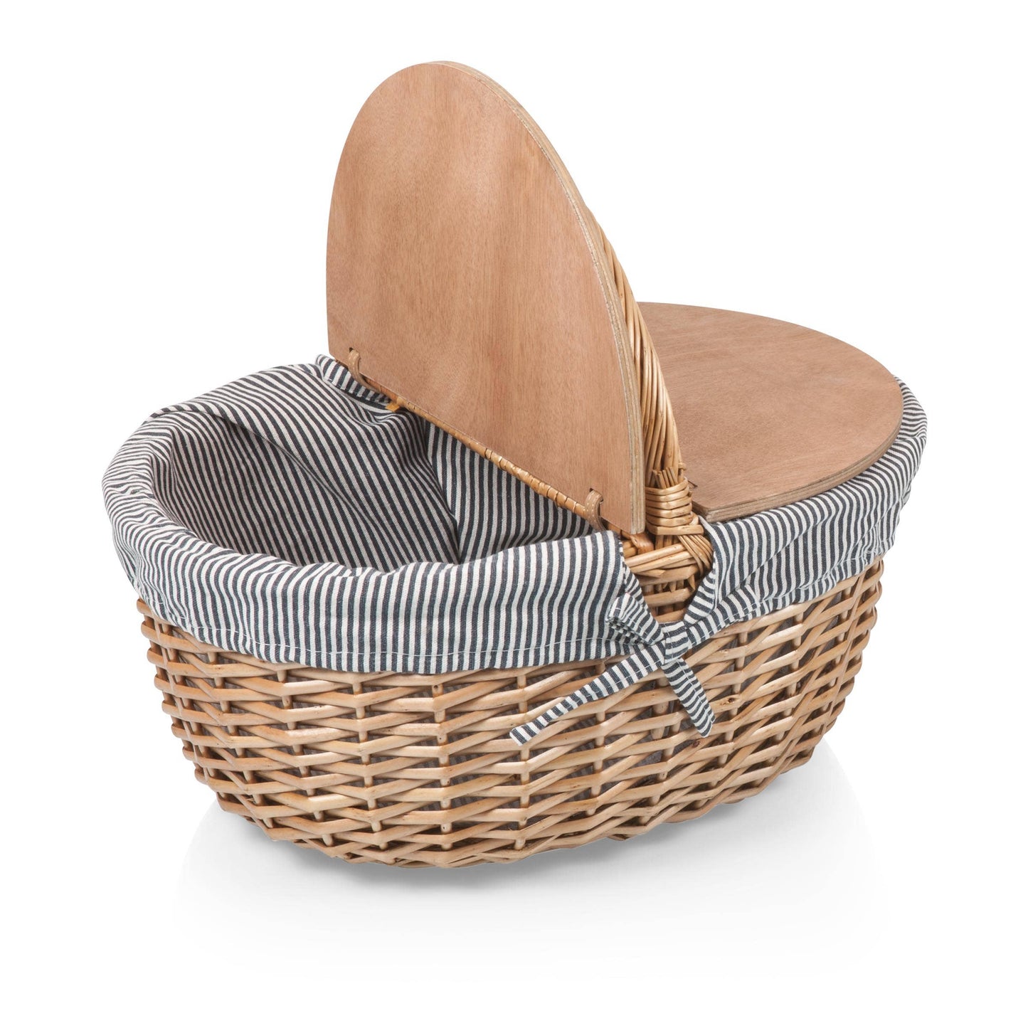 Country Vintage Picnic Wicker Basket: Navy Blue & White Stripe
