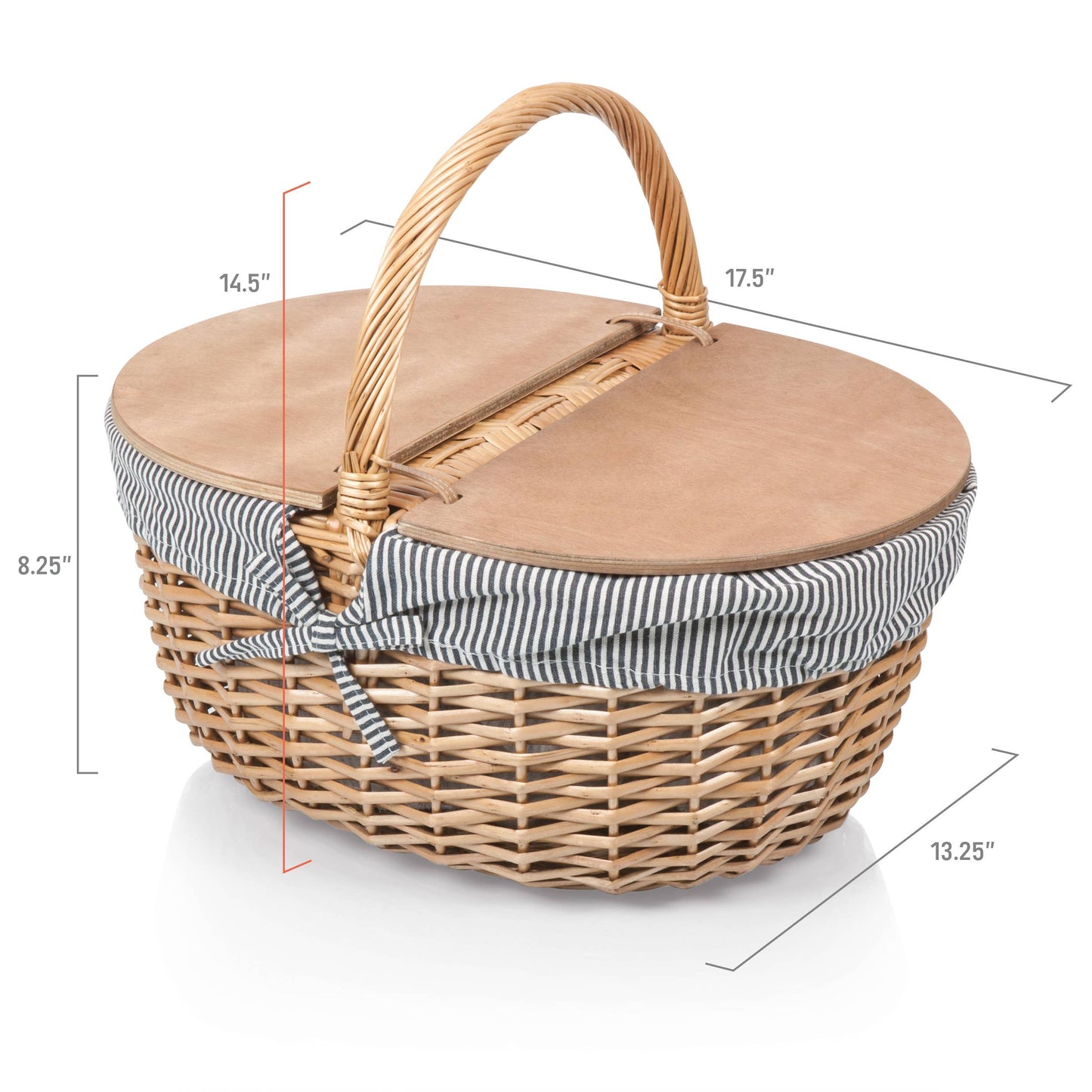 Country Vintage Picnic Wicker Basket: Navy Blue & White Stripe