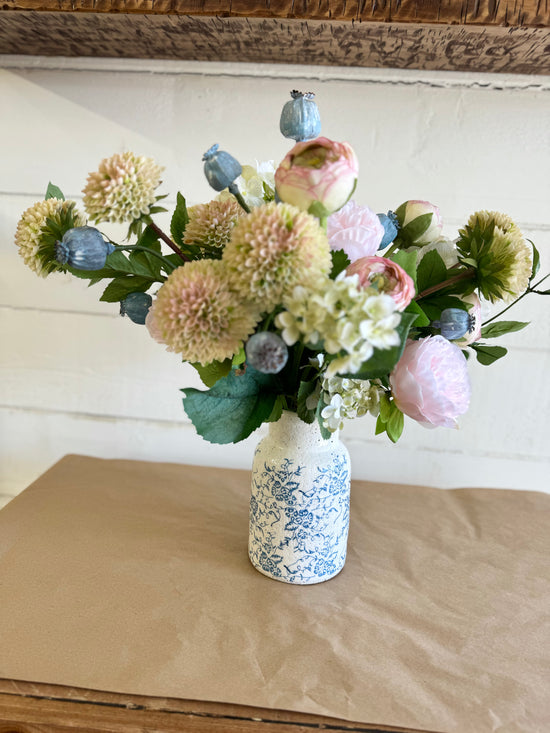 Dahlia & Hydrangea Bouquet in Vintage Blue Vase