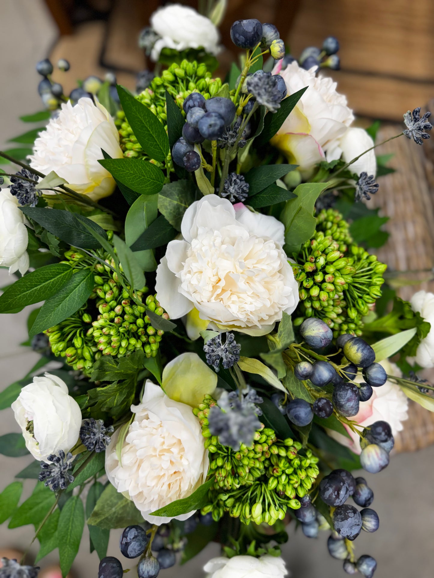 Sedum, Ranunculus & Crabapple Centerpiece