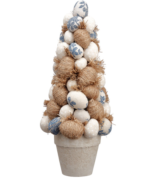 15” Blue, White and Rattan Egg Topiary in Pot