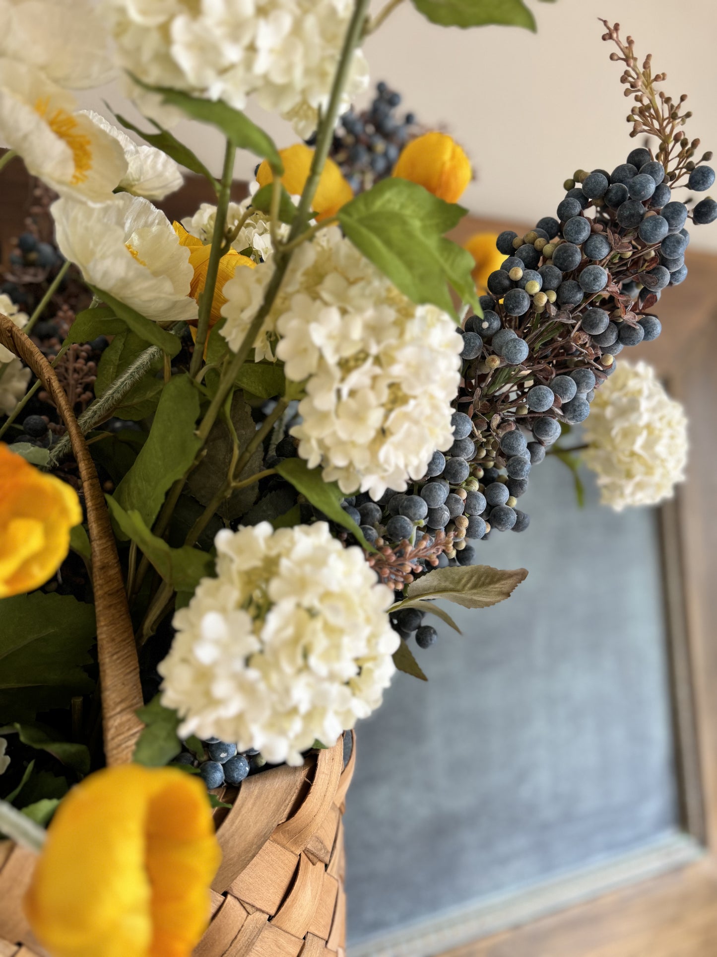 Snowball Hydrangea, Blueberry and Poppy Basket