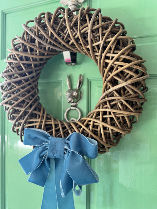 Wicker wreath with Blue Velvet Bow