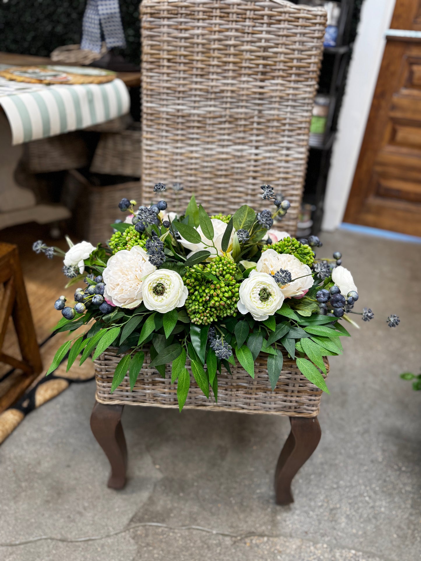 Sedum, Ranunculus & Crabapple Centerpiece *PRESALE ships 4/24*