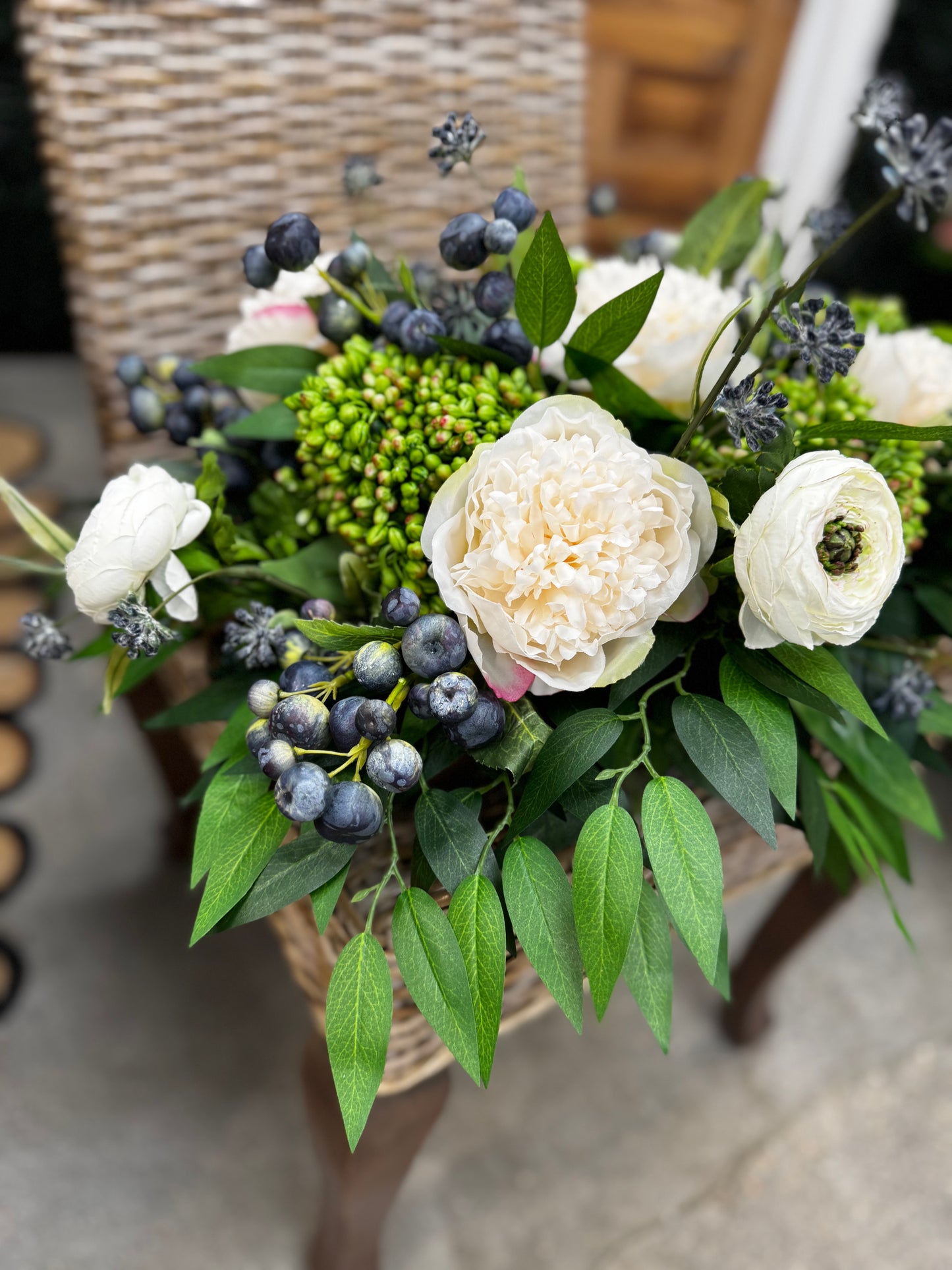 Sedum, Ranunculus & Crabapple Centerpiece *PRESALE ships 4/24*