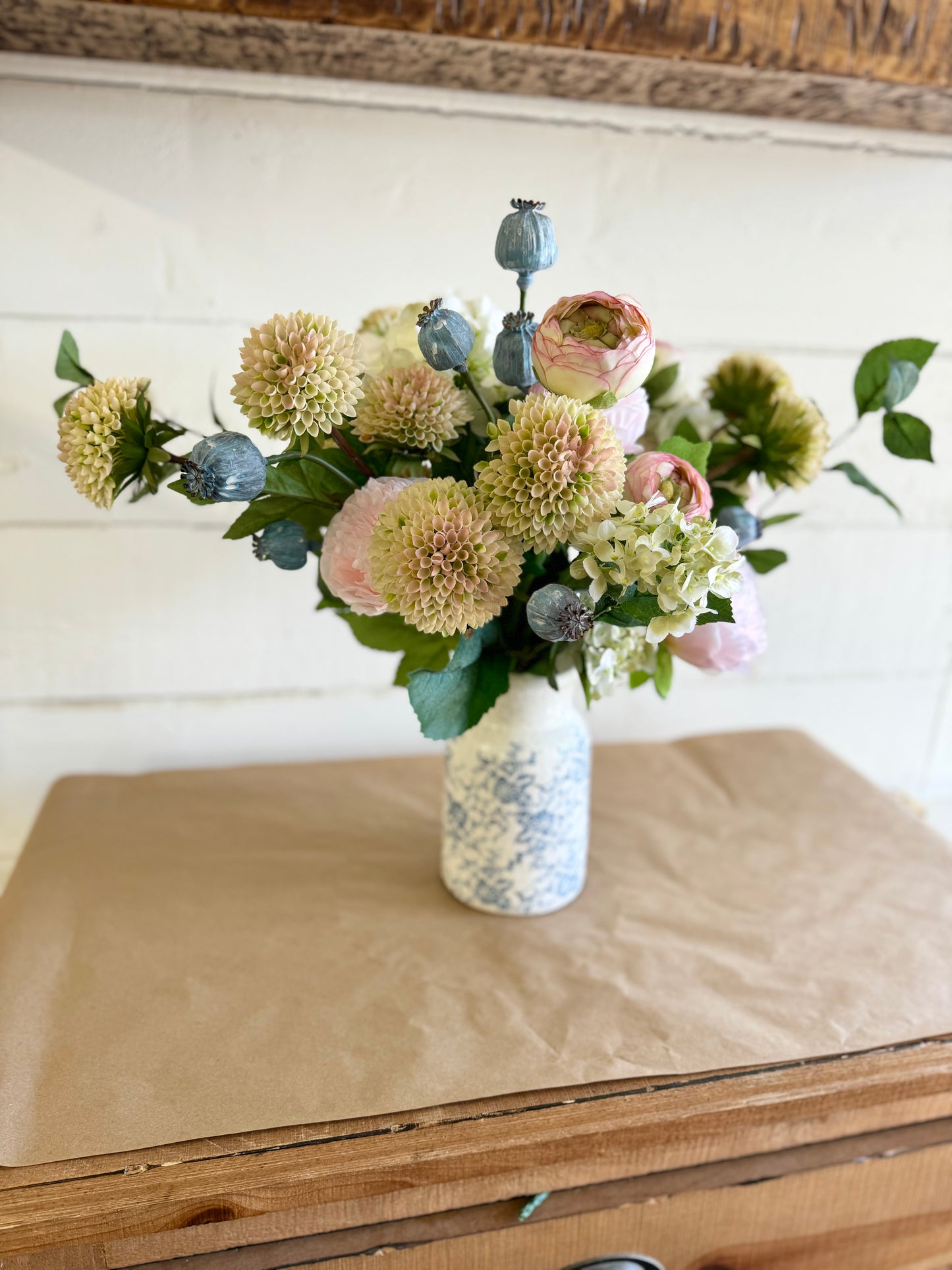Dahlia & Hydrangea Bouquet in Vintage Blue Vase