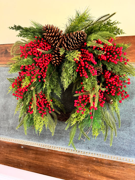 Load image into Gallery viewer, Faux Red Berry &amp;amp; Pinecone Wreath
