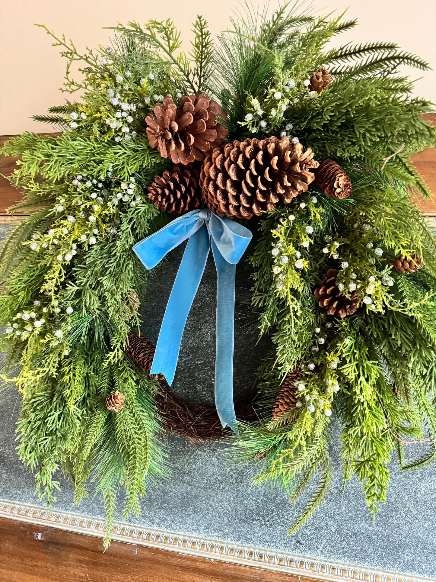 Faux Juniper Berry & Pinecone Wreath with bow