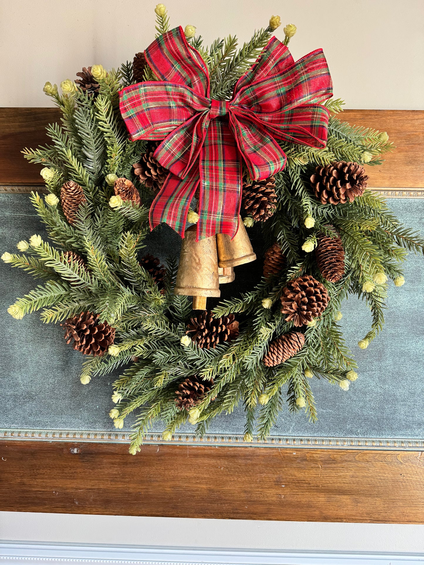 Holiday Bells Wreath with plaid bow