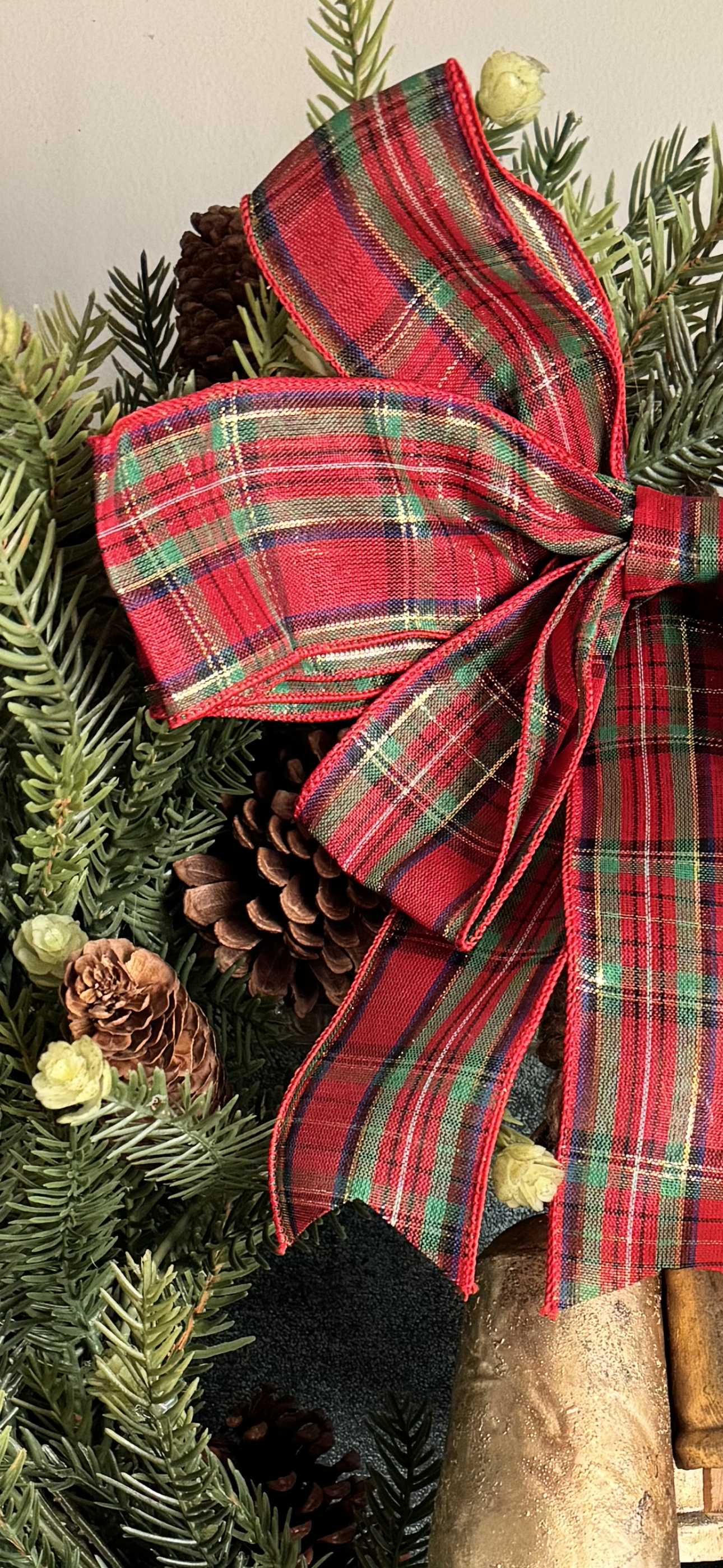 Holiday Bells Wreath with plaid bow