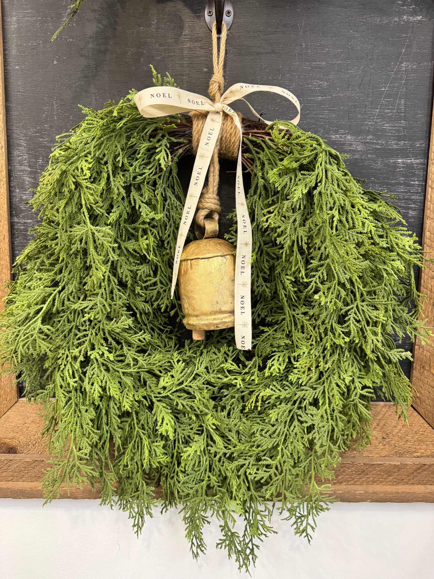 Faux Cedar Wreath with Brass Bell and Noel Bow