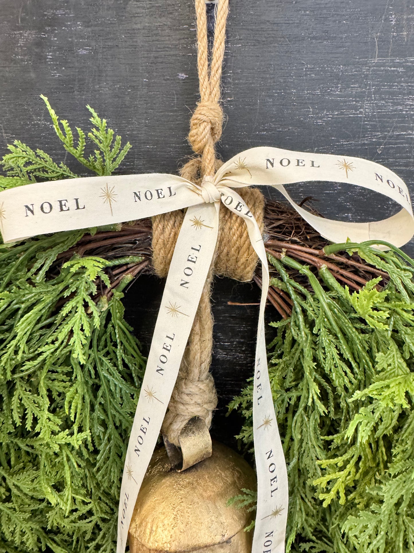 Faux Cedar Wreath with Brass Bell and Noel Bow