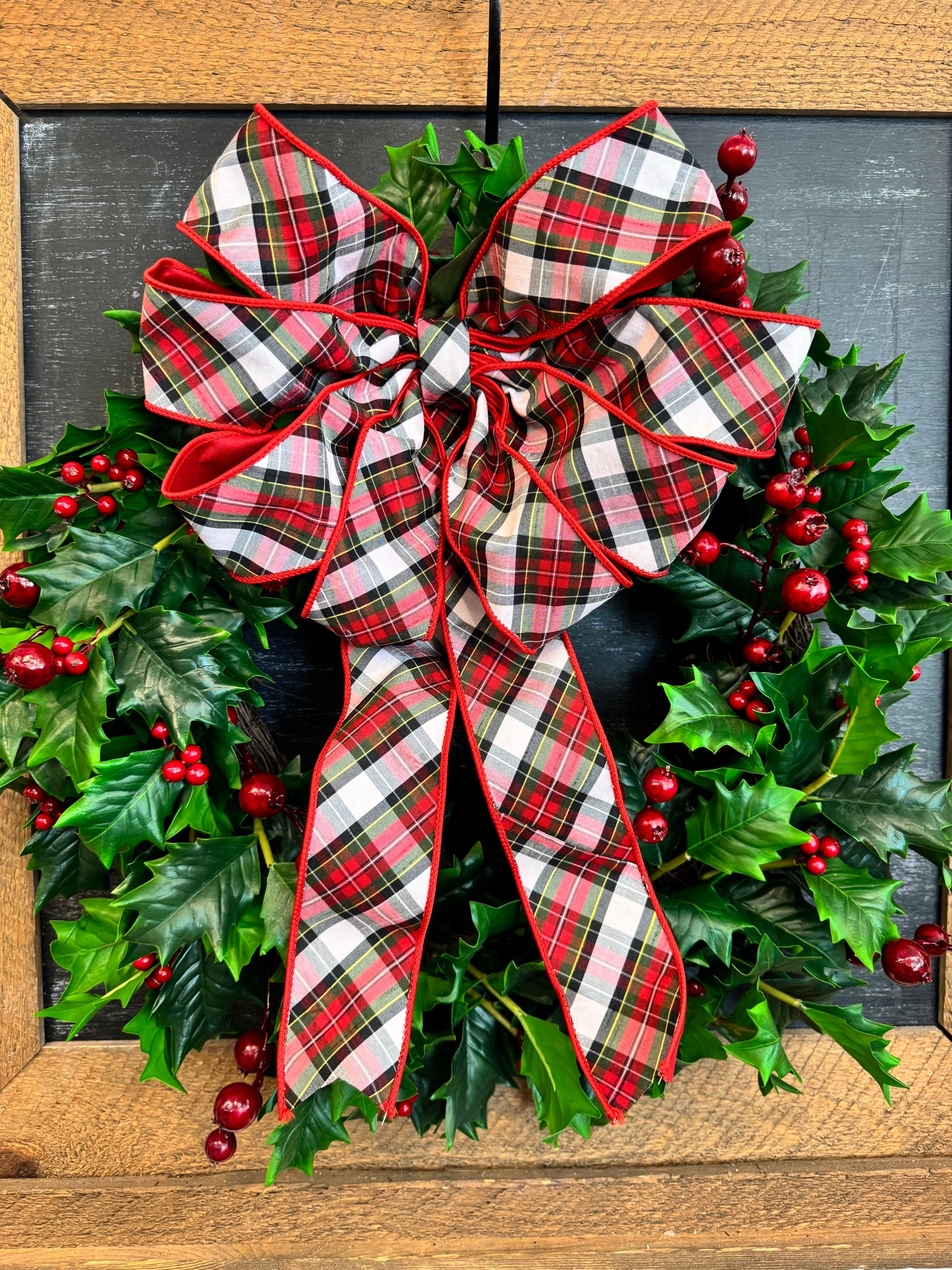 Holly Berry Wreath with plaid bow