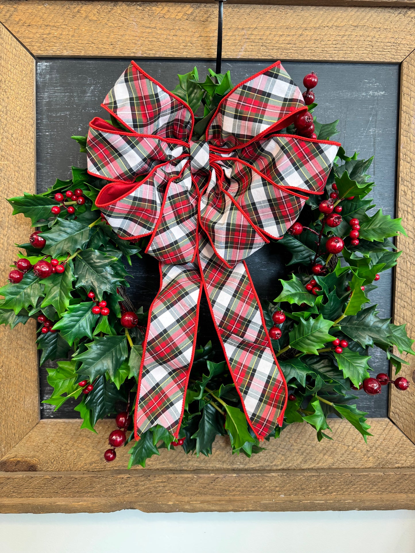 Holly Berry Wreath with plaid bow