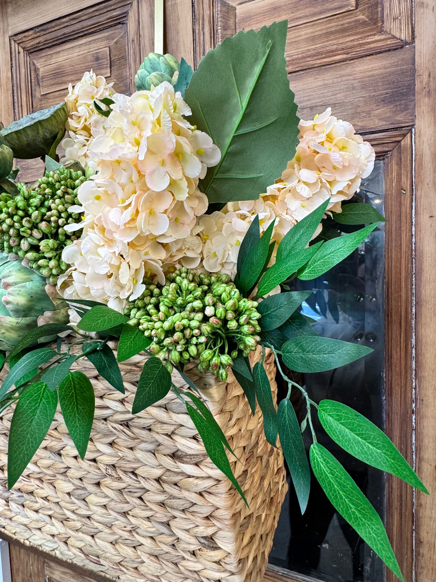 artificial plant in woven basket Hydrangea, Artichoke & Sedum Basket – The Accidental Farmgirl Co