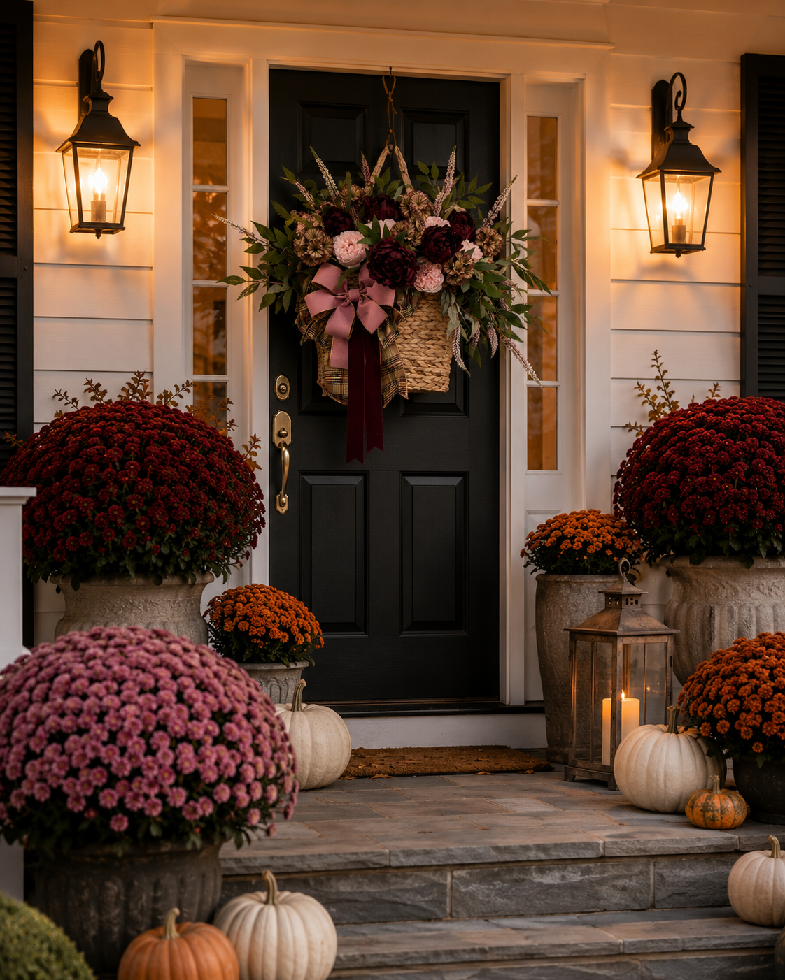 A beautifully decorated autumn front porch with a black door, white siding, warm wall lanterns, a large floral wreath, potted chrysanthemums in shades of red, pink, and orange, and several pumpkins on the stone steps.