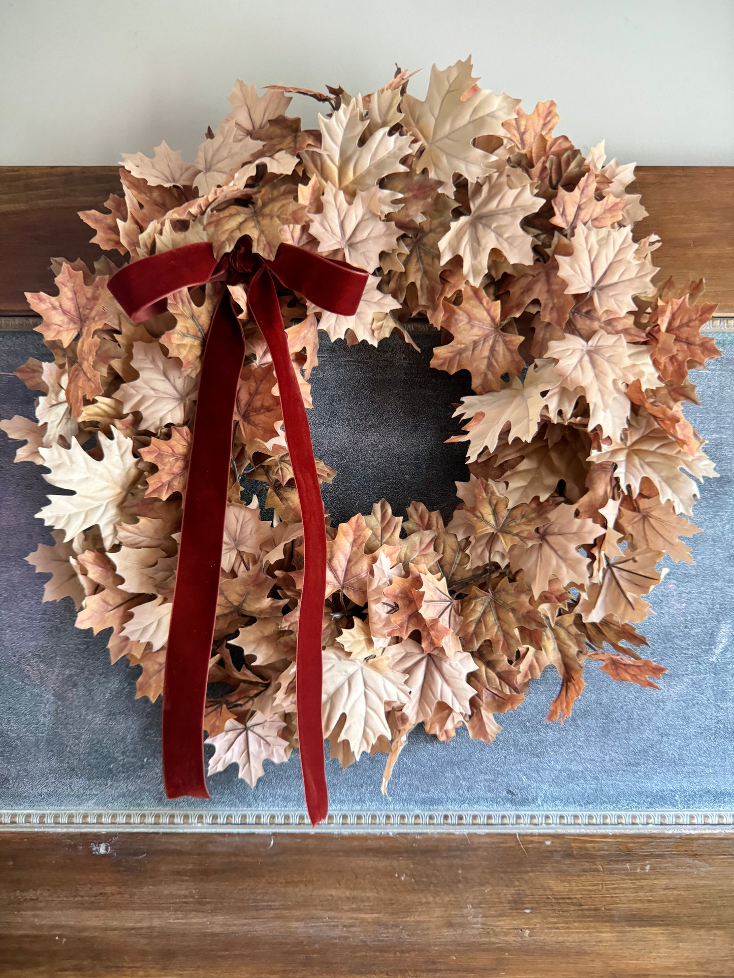 Tan Maple Leaf Wreath with Velvet Bow