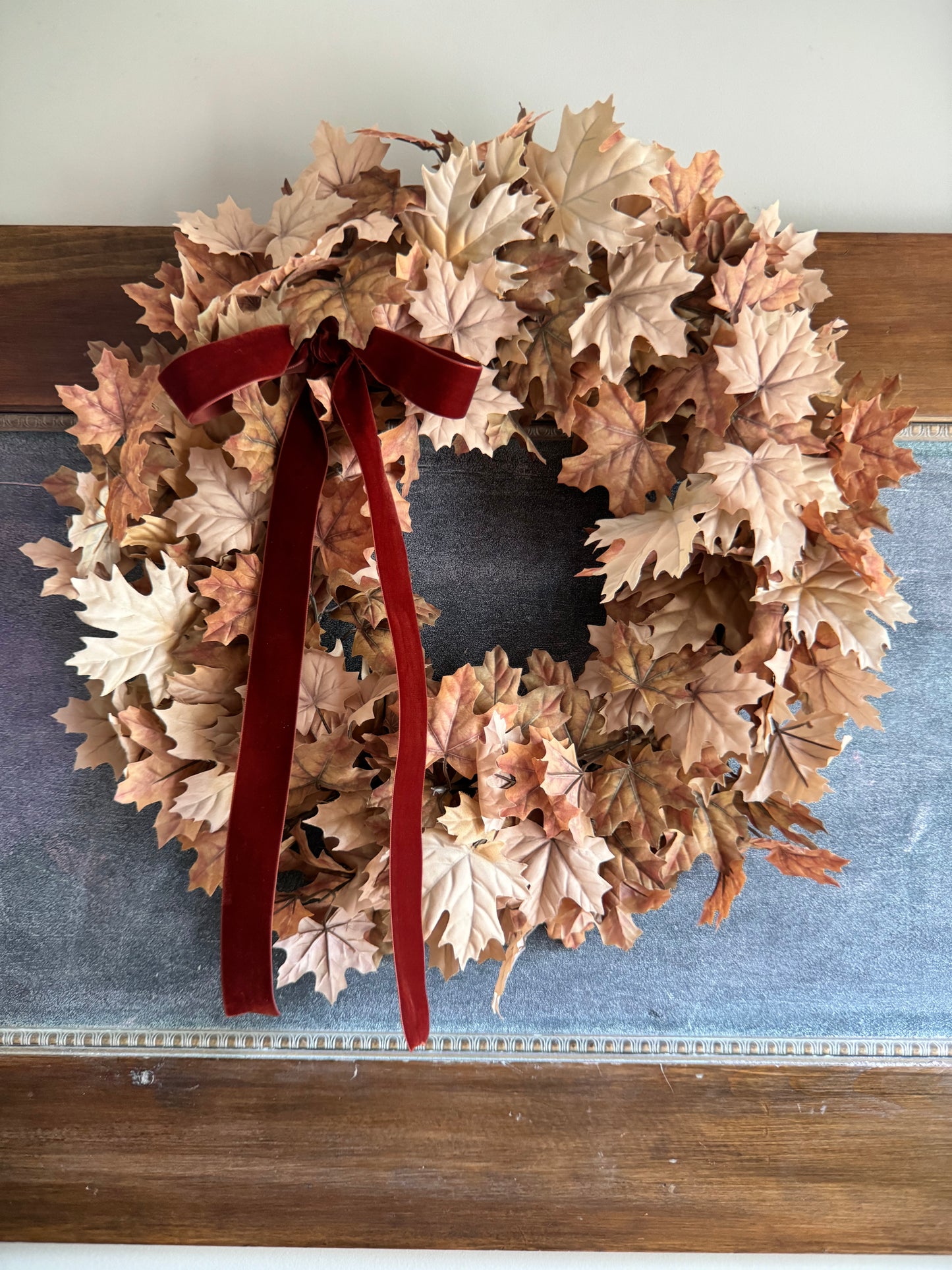 Tan Maple Leaf Wreath with Velvet Bow