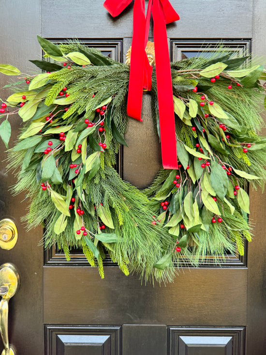 XL Holly Berry Christmas Wreath with Red Bow