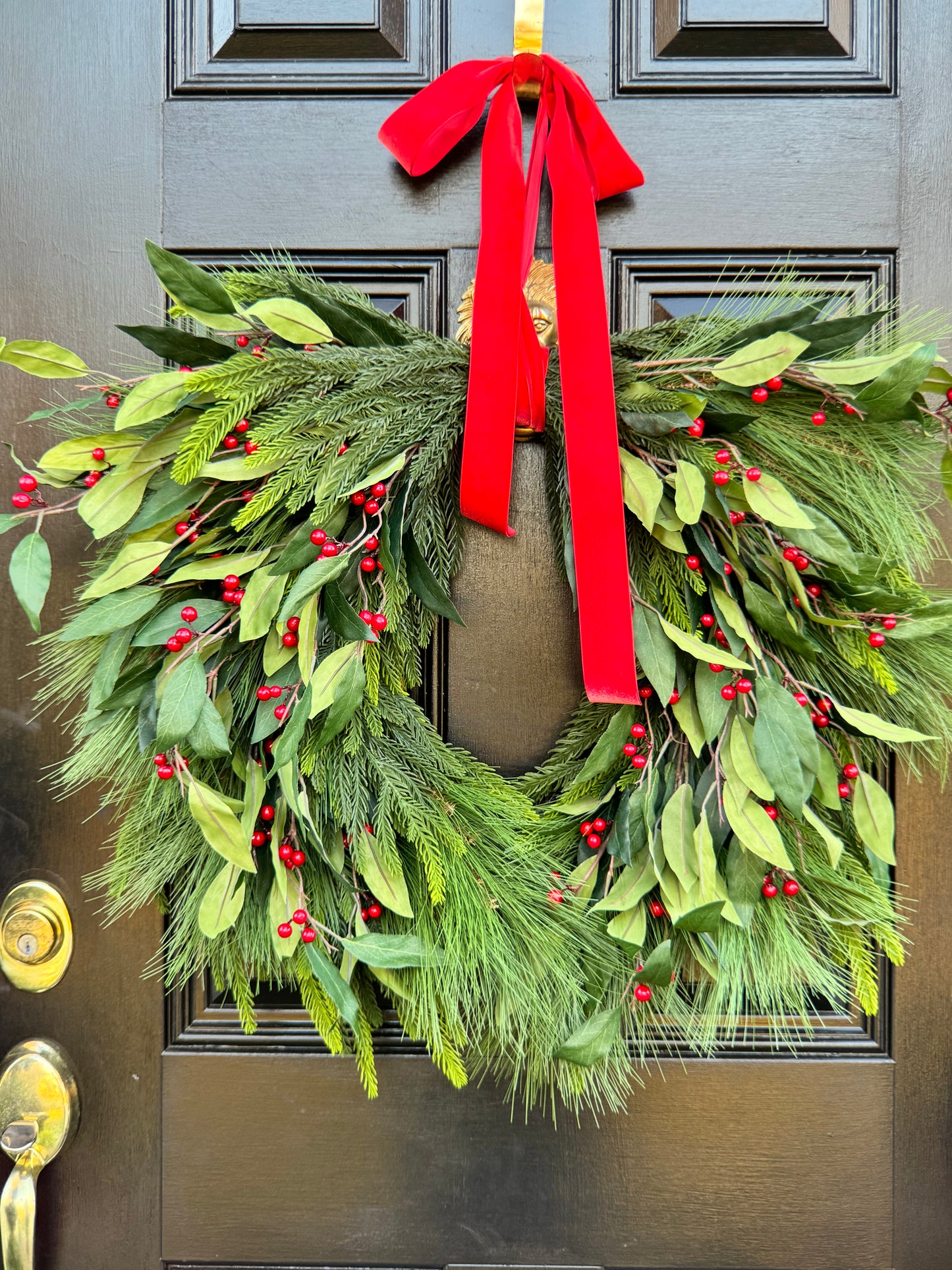 XL Holly Berry Christmas Wreath with Red Bow