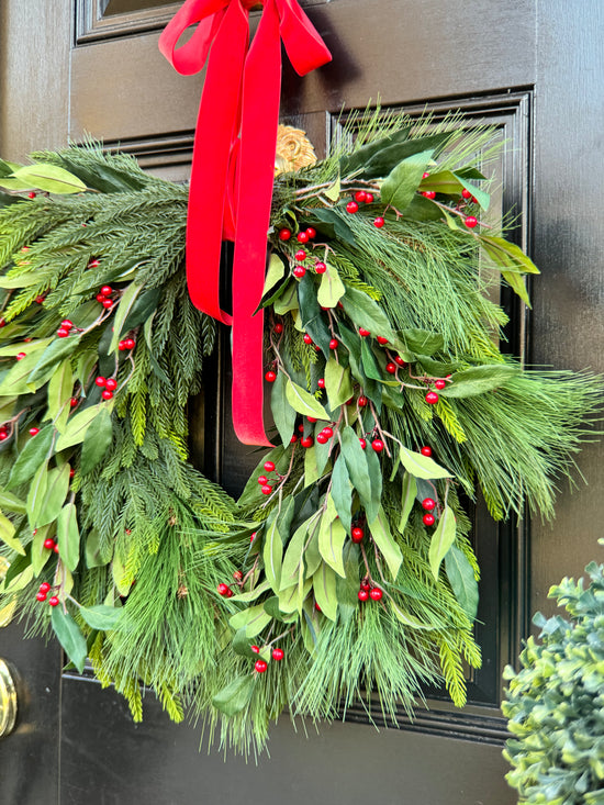 XL Holly Berry Christmas Wreath with Red Bow