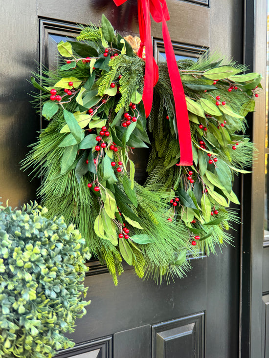 XL Holly Berry Christmas Wreath with Red Bow