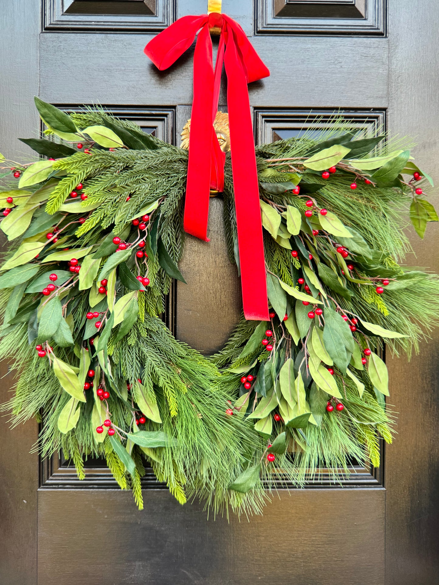 XL Holly Berry Christmas Wreath with Red Bow