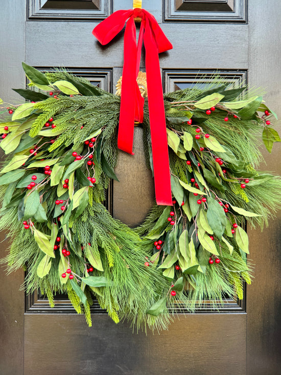 XL Holly Berry Christmas Wreath with Red Bow