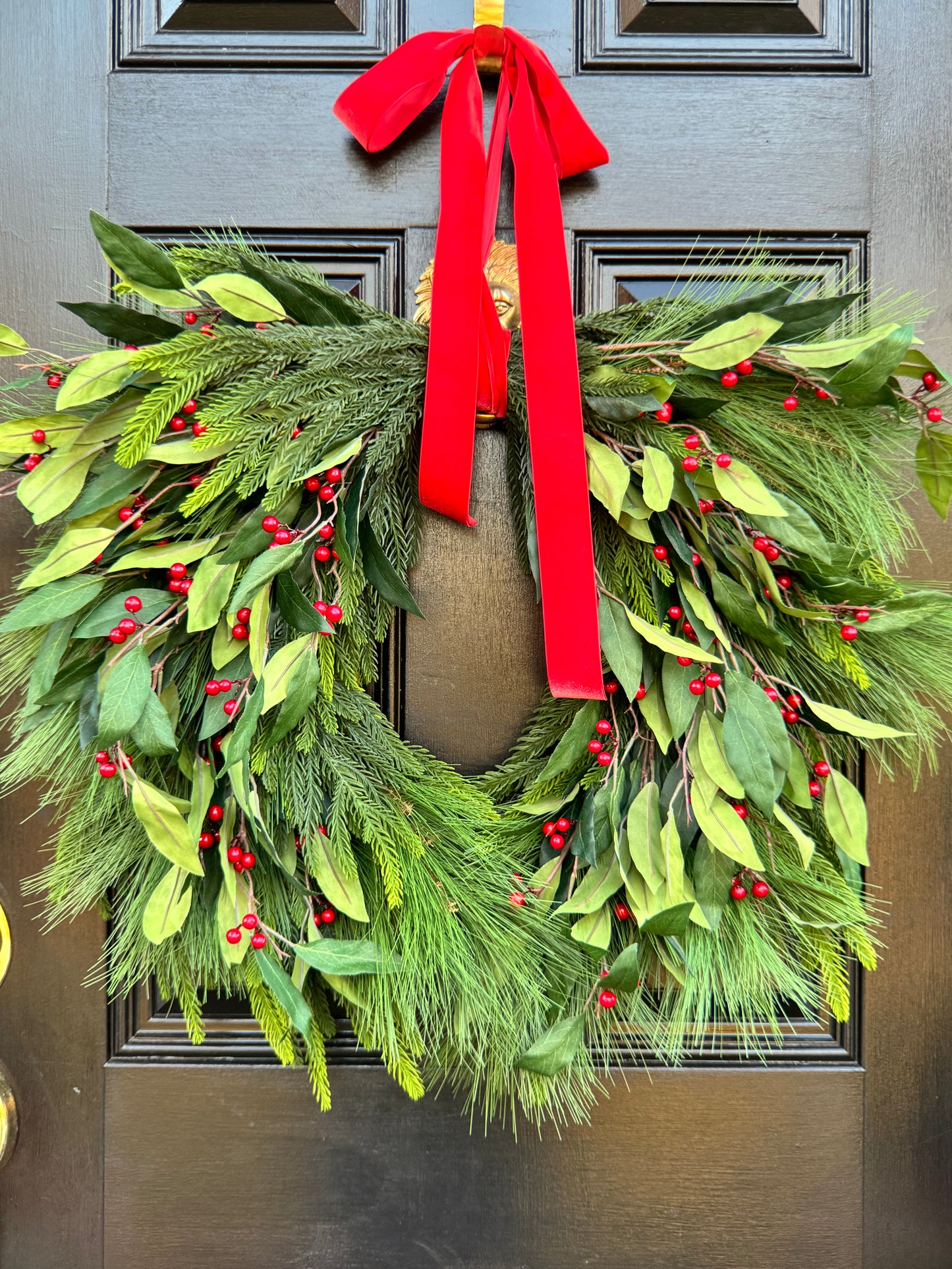 XL Holly Berry Christmas Wreath with Red Bow