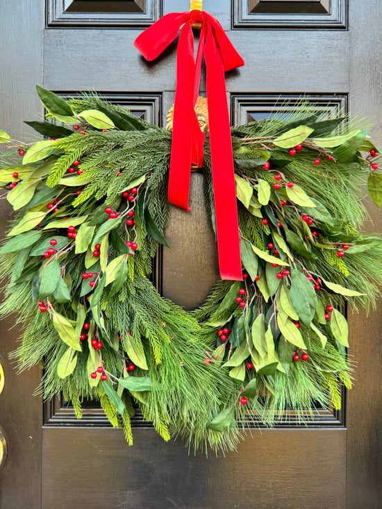 XL Holly Berry Christmas Wreath with Red Bow