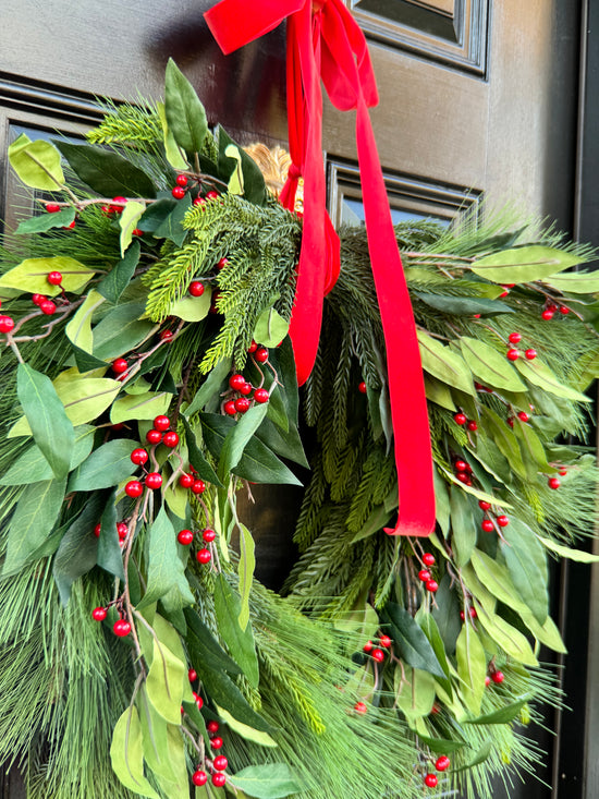 XL Holly Berry Christmas Wreath with Red Bow