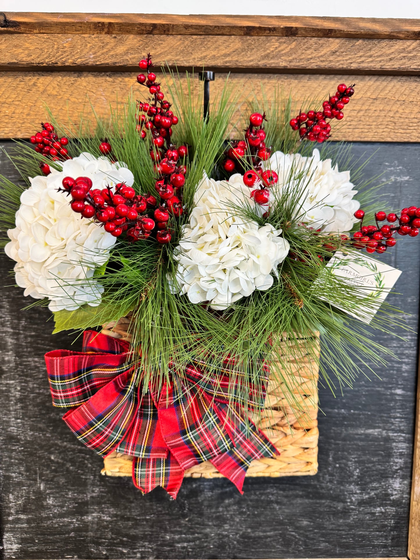 Hydrangea and Berry Basket with Plaid Bow