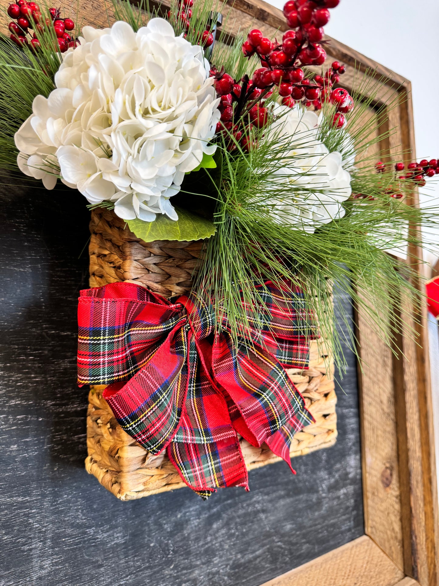 Hydrangea and Berry Basket with Plaid Bow