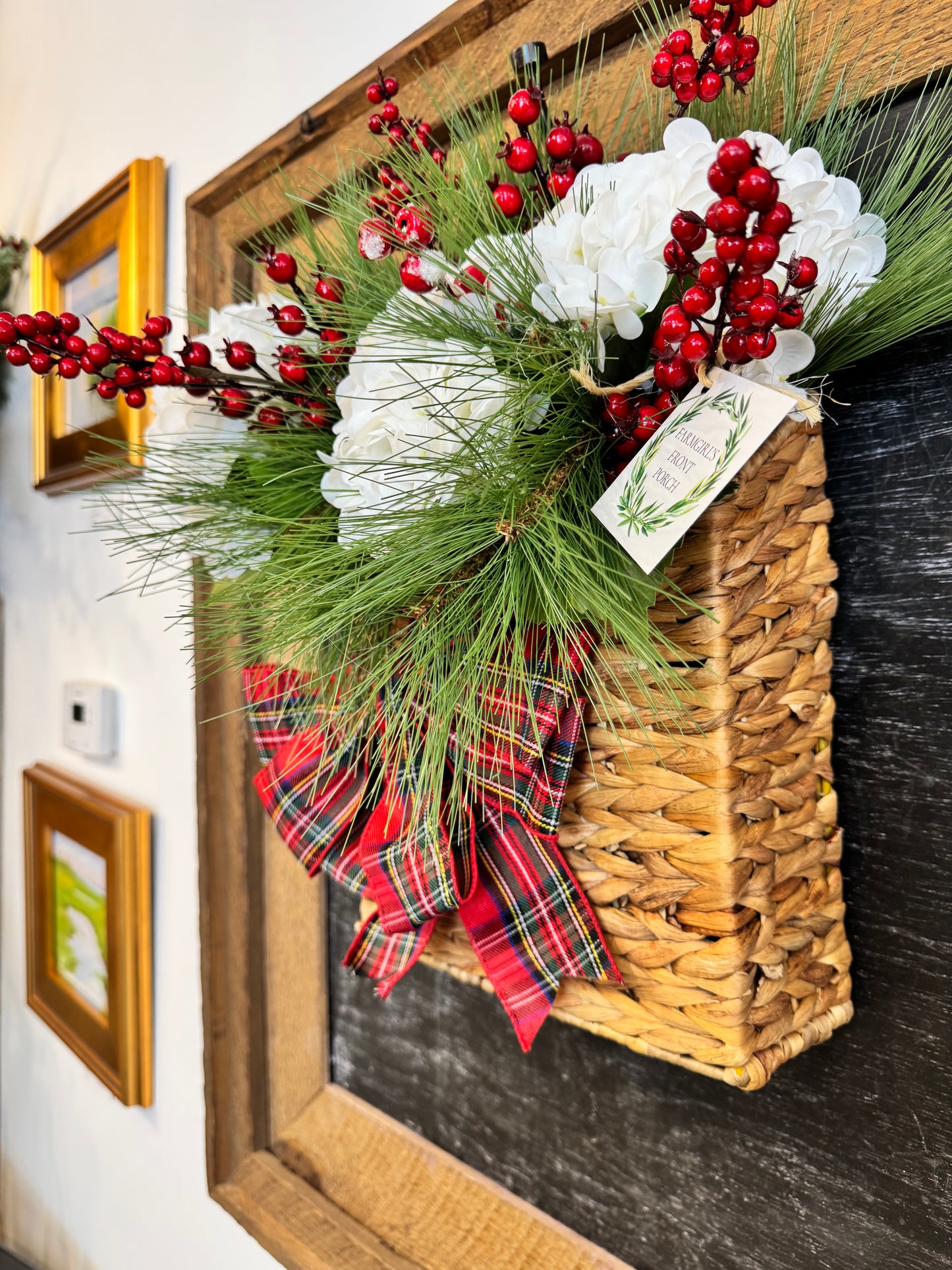 Hydrangea and Berry Basket with Plaid Bow